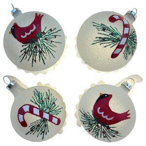 Bradford Christmas Ornaments Cardinals and Candy Cane Set of 4 Vintage Red White